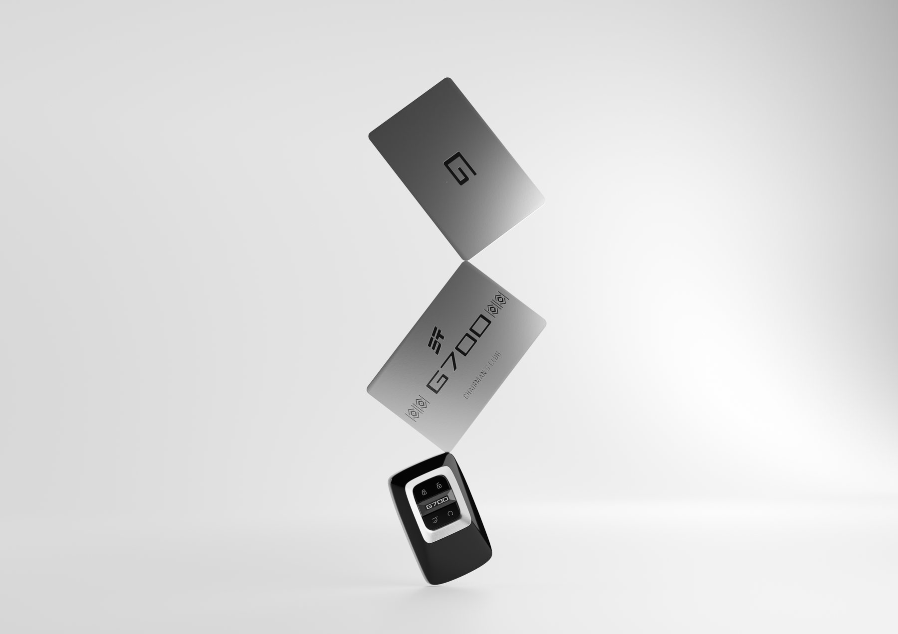 Jetour G700 key, NFC card, and calling card render