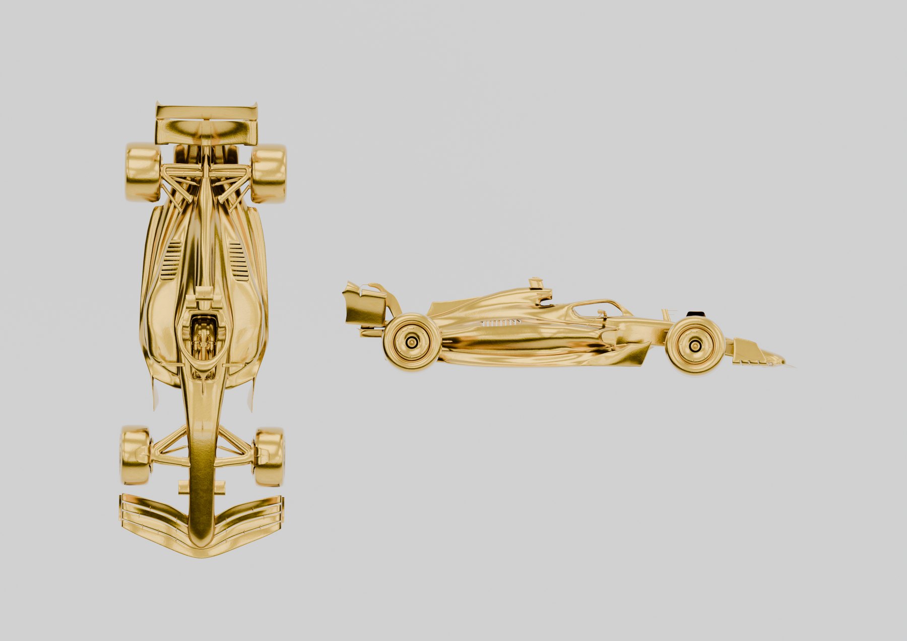 Gold Formula 1 model shown from top and side views