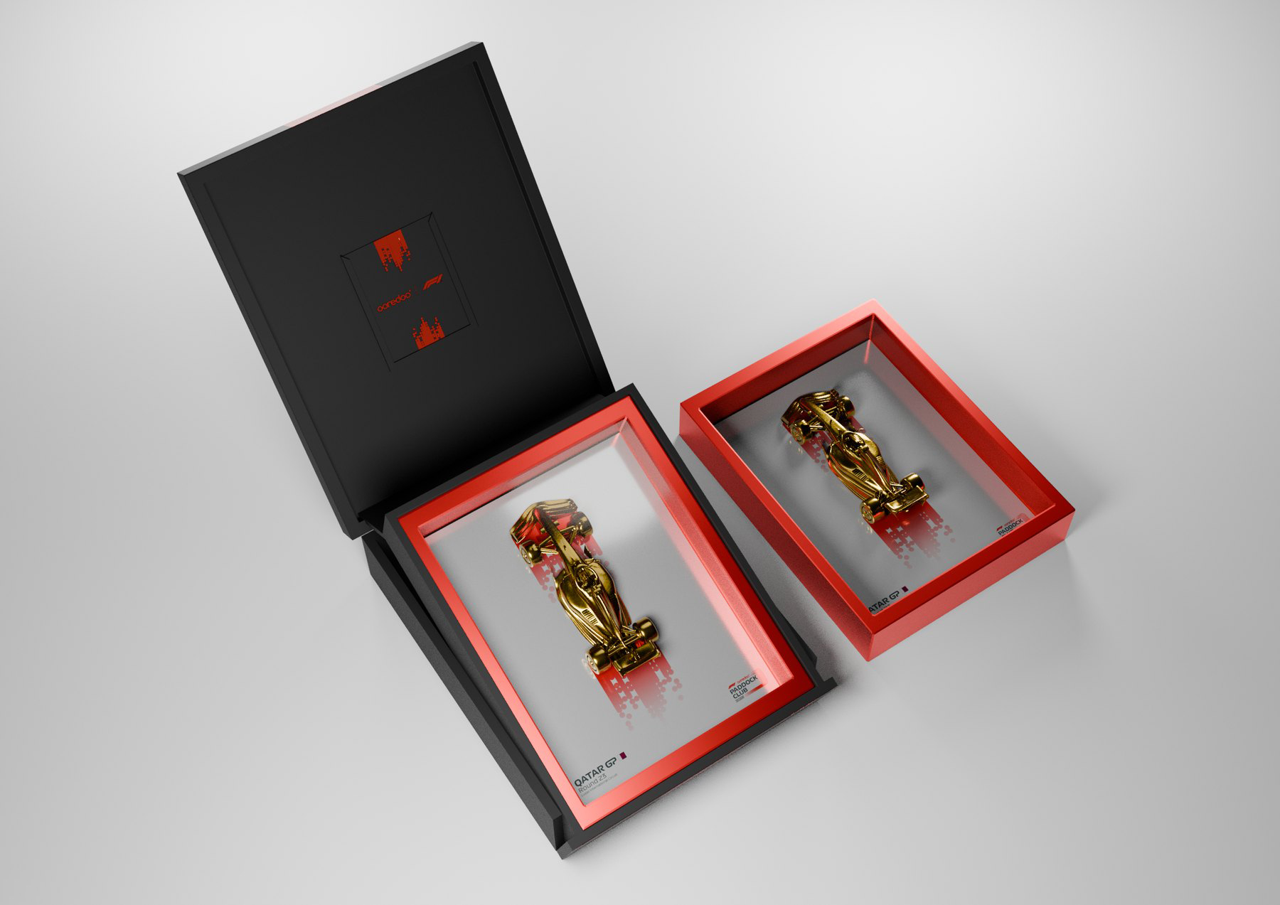 Open Ooredoo F1 Paddock Club VIP gift presentation box with framed Formula 1 piece