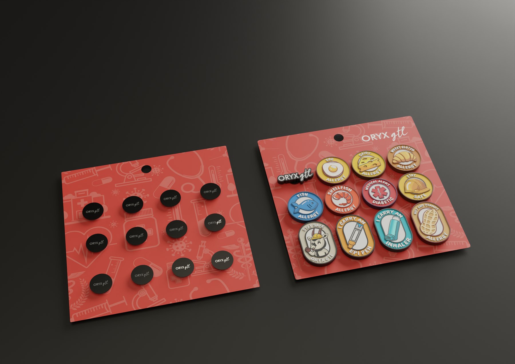 Oryx GTL pin board showing allergy, safety, and medical alert pins